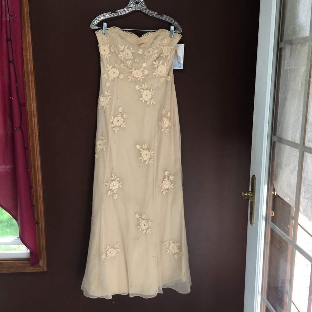 Tan Lace Covered Strapless Long Dress